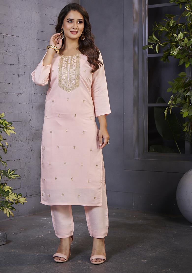 Peach Embroidered Silk Kurta Set - Indya