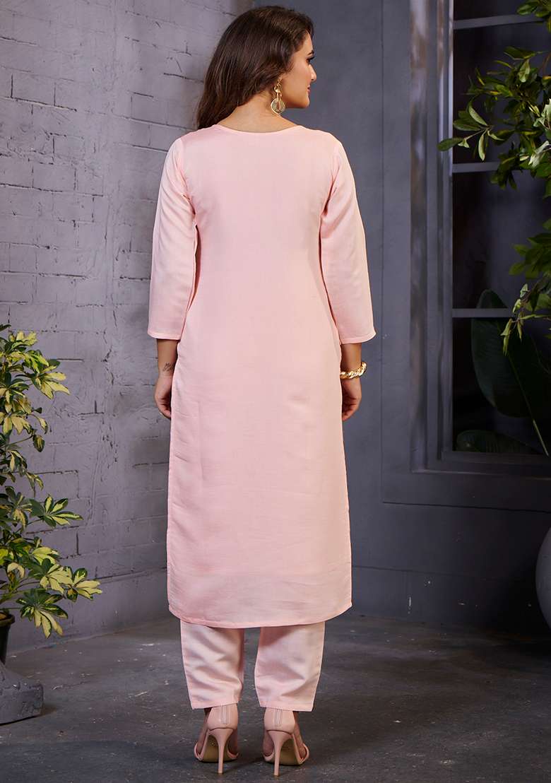 Peach Embroidered Silk Blend Straight Kurta Set - Indya