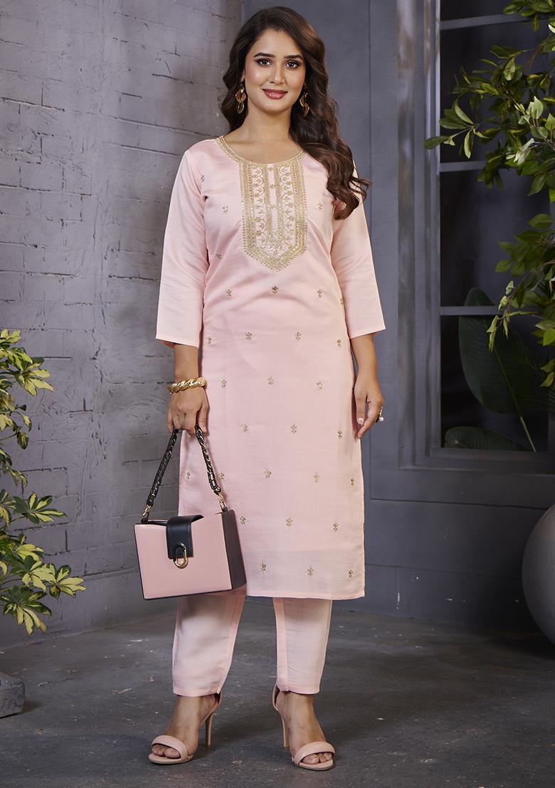 Peach Embroidered Silk Kurta Set - Indya