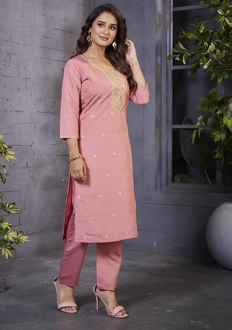 Pink Embroidered Silk Kurta Set - Indya