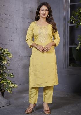 Yellow Embroidered Silk Kurta Set