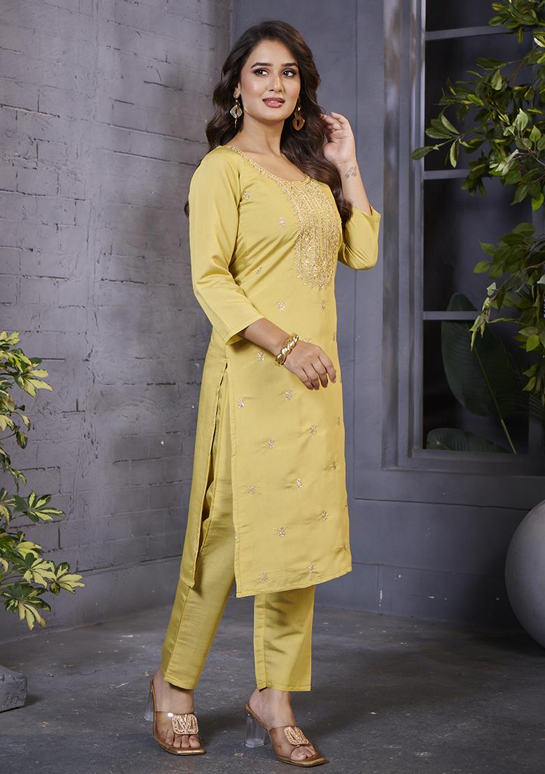 Yellow Embroidered Silk Kurta Set - Indya