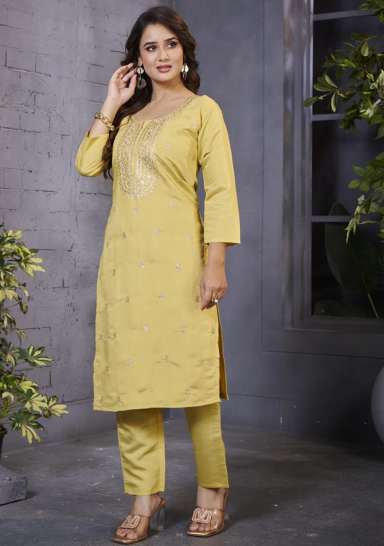 Yellow Embroidered Silk Kurta Set - Indya