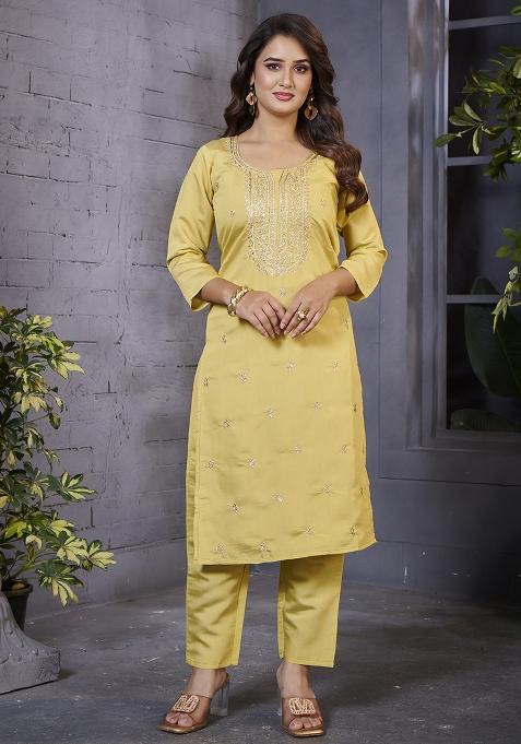 Yellow Embroidered Silk Kurta Set