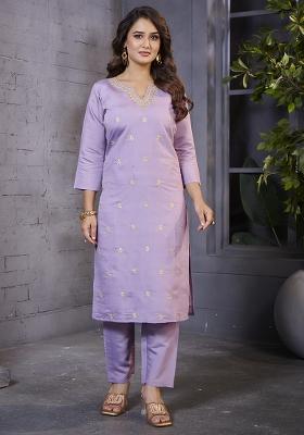 Lavender Embroidered Silk Kurta Set