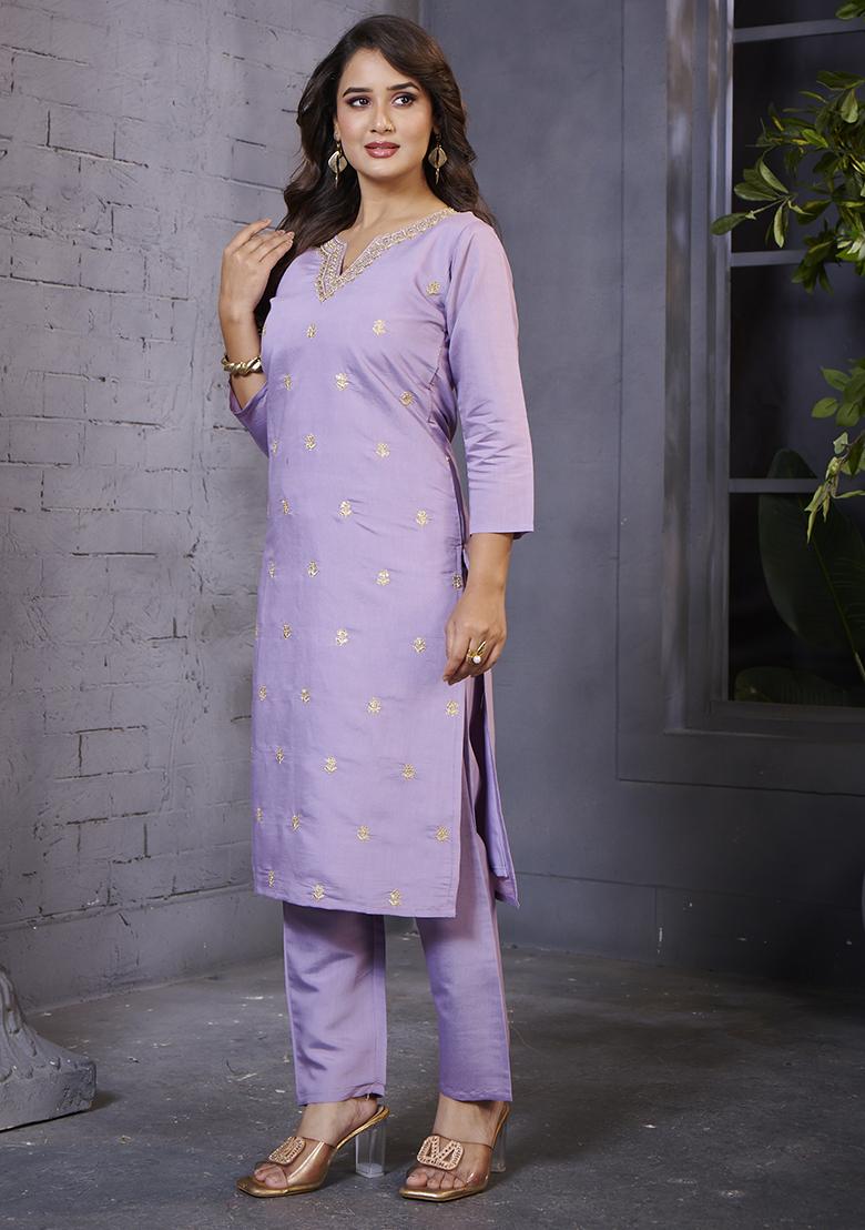Lavender Embroidered Silk Kurta Set - Indya