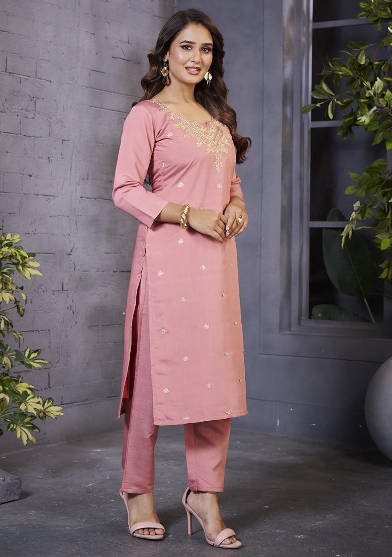 Pink Embroidered Silk Kurta Set - Indya