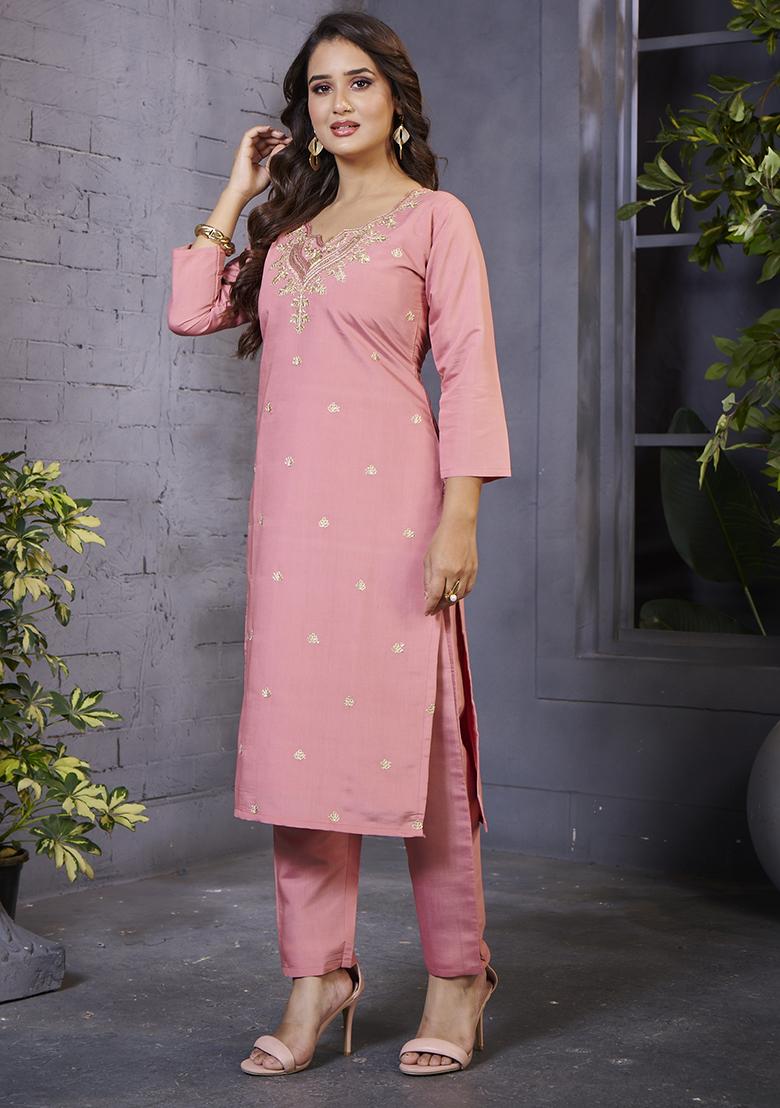 Pink Embroidered Silk Kurta Set - Indya
