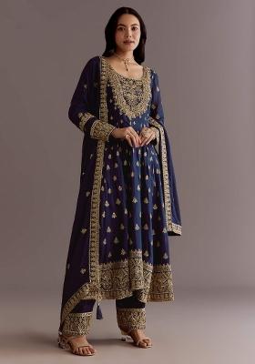 Blue Embroidered Silk Kurta Set