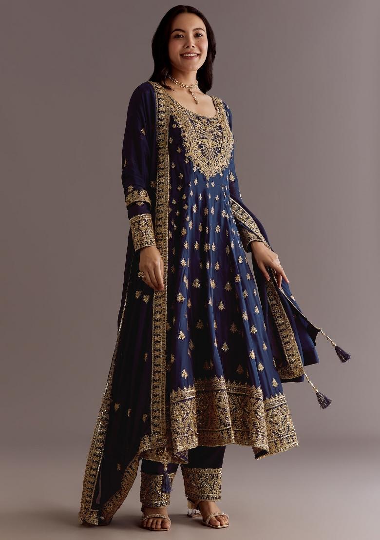 Blue Embroidered Silk Kurta Set - Indya