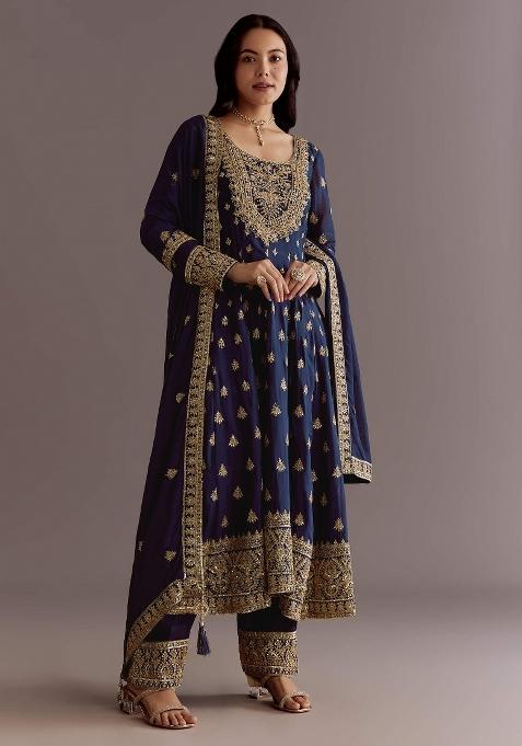 Blue Embroidered Silk Anarkali Set