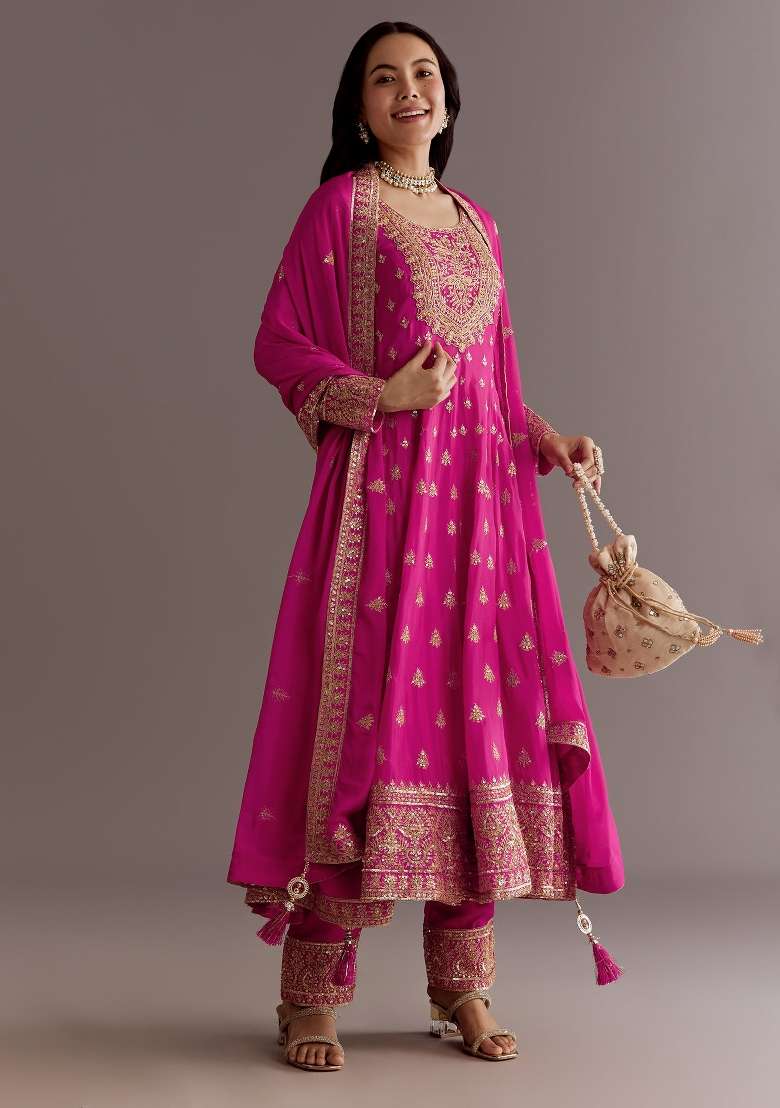 Pink Embroidered Silk Blend Anarkali Set - Indya