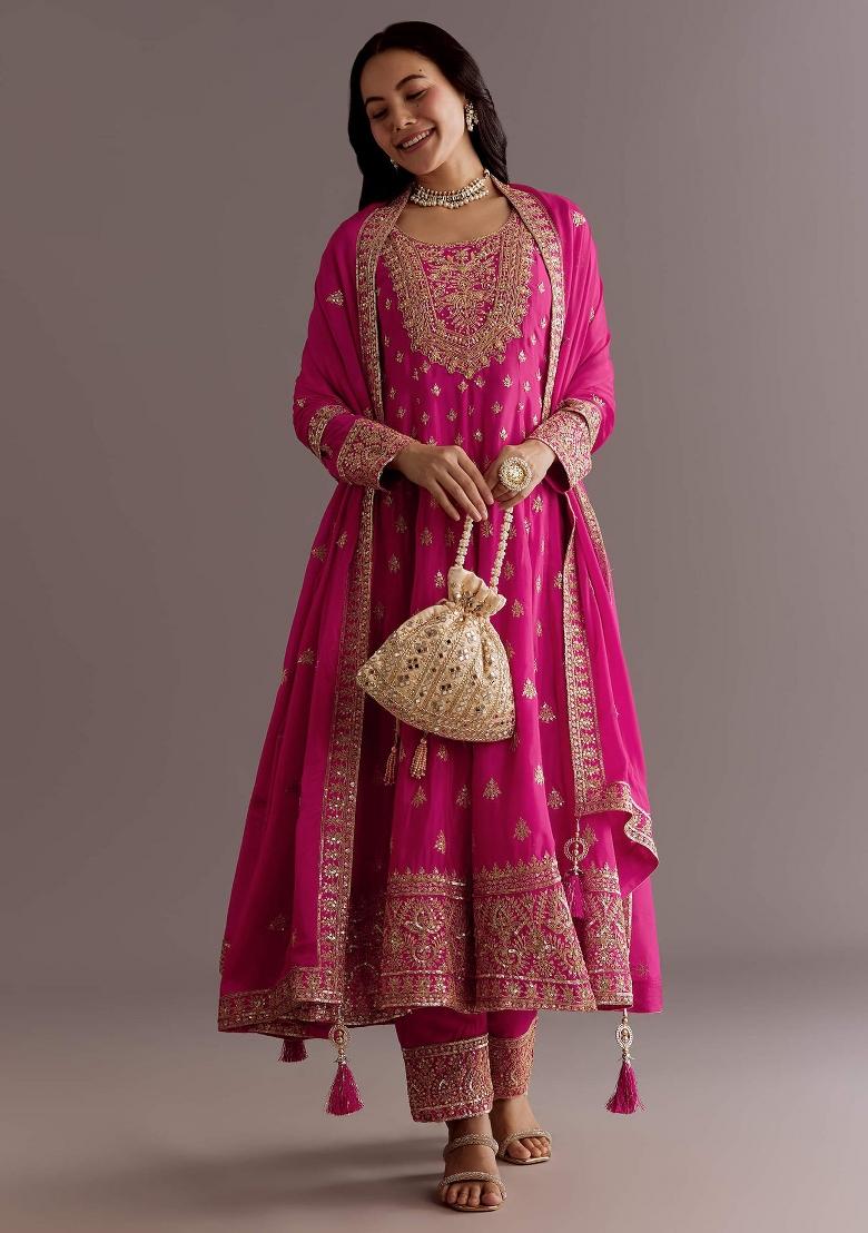 Pink Embroidered Silk Kurta Set - Indya