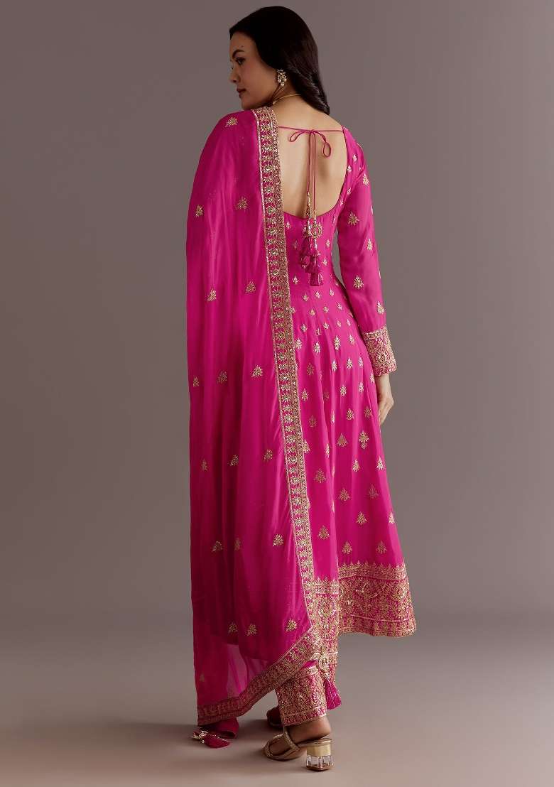 Pink Embroidered Silk Blend Anarkali Set - Indya