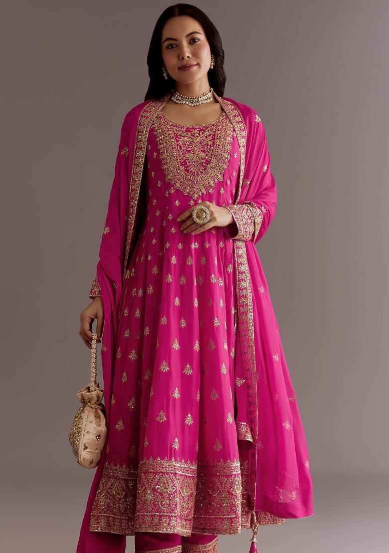 Pink Embroidered Silk Kurta Set - Indya