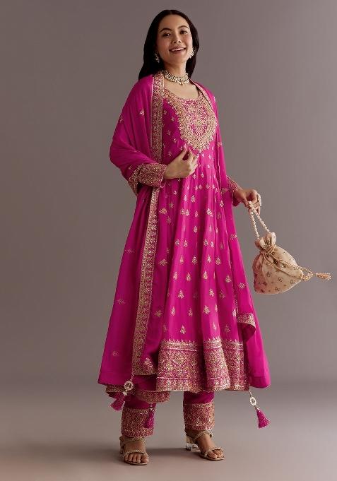 Pink Embroidered Silk Kurta Set