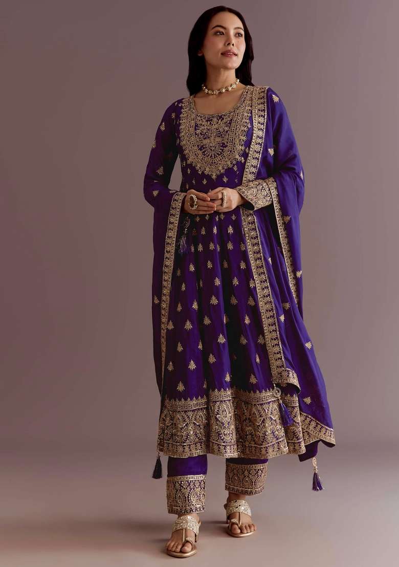 Purple Embroidered Silk Blend Anarkali Set - Indya