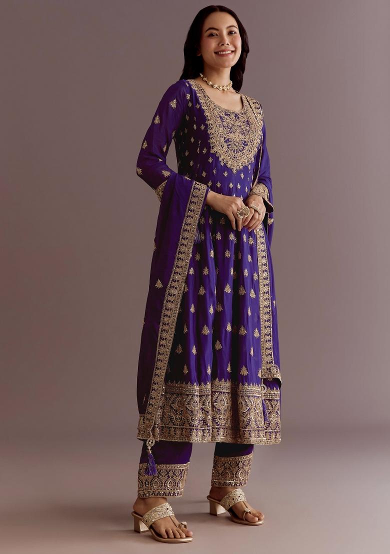 Purple Embroidered Silk Kurta Set - Indya