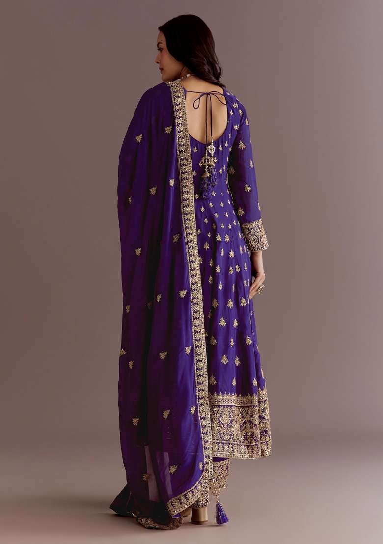 Purple Embroidered Silk Blend Anarkali Set - Indya
