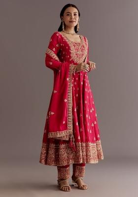 Red Embroidered Silk Kurta Set