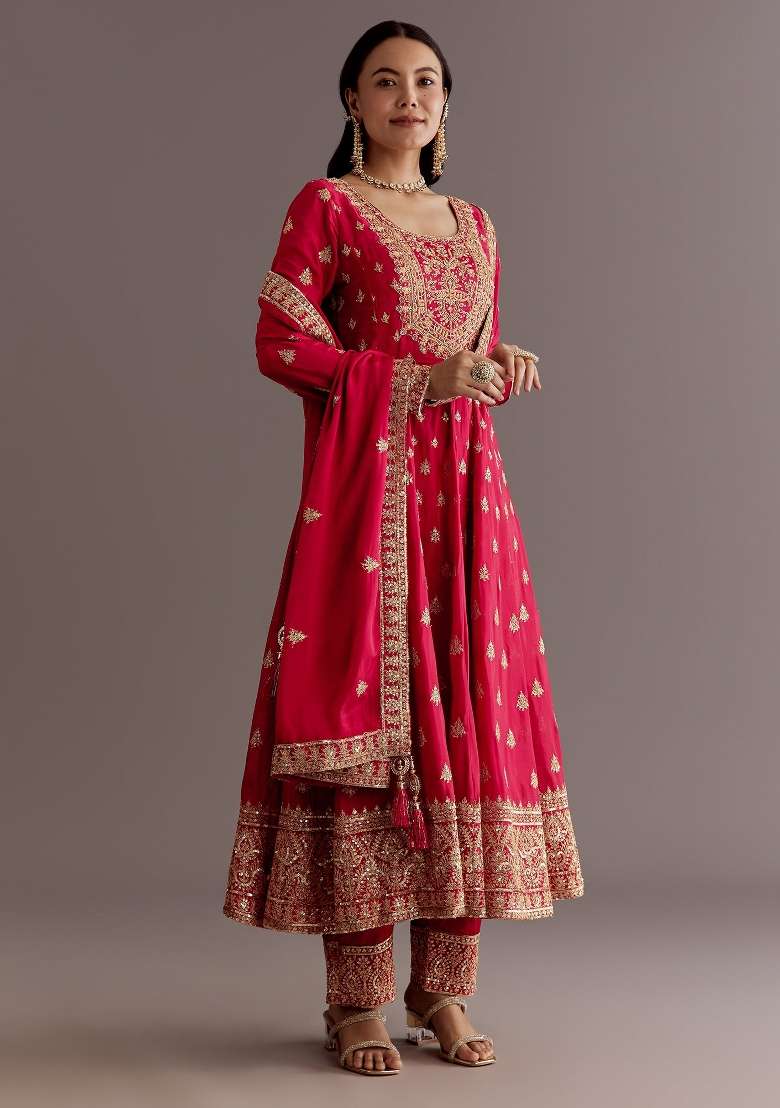Red Embroidered Silk Blend Anarkali Set - Indya