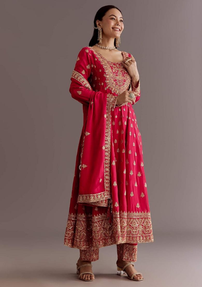 Red Embroidered Silk Kurta Set - Indya
