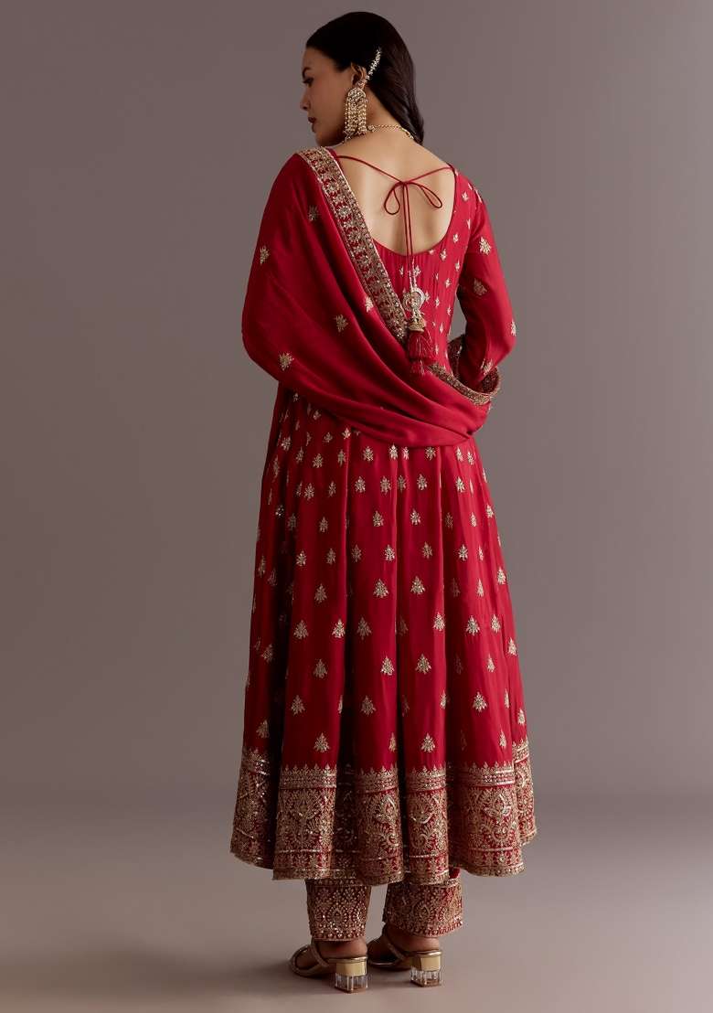 Red Embroidered Silk Blend Anarkali Set - Indya