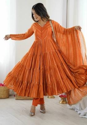 Orange Embroidered Silk Kurta Set