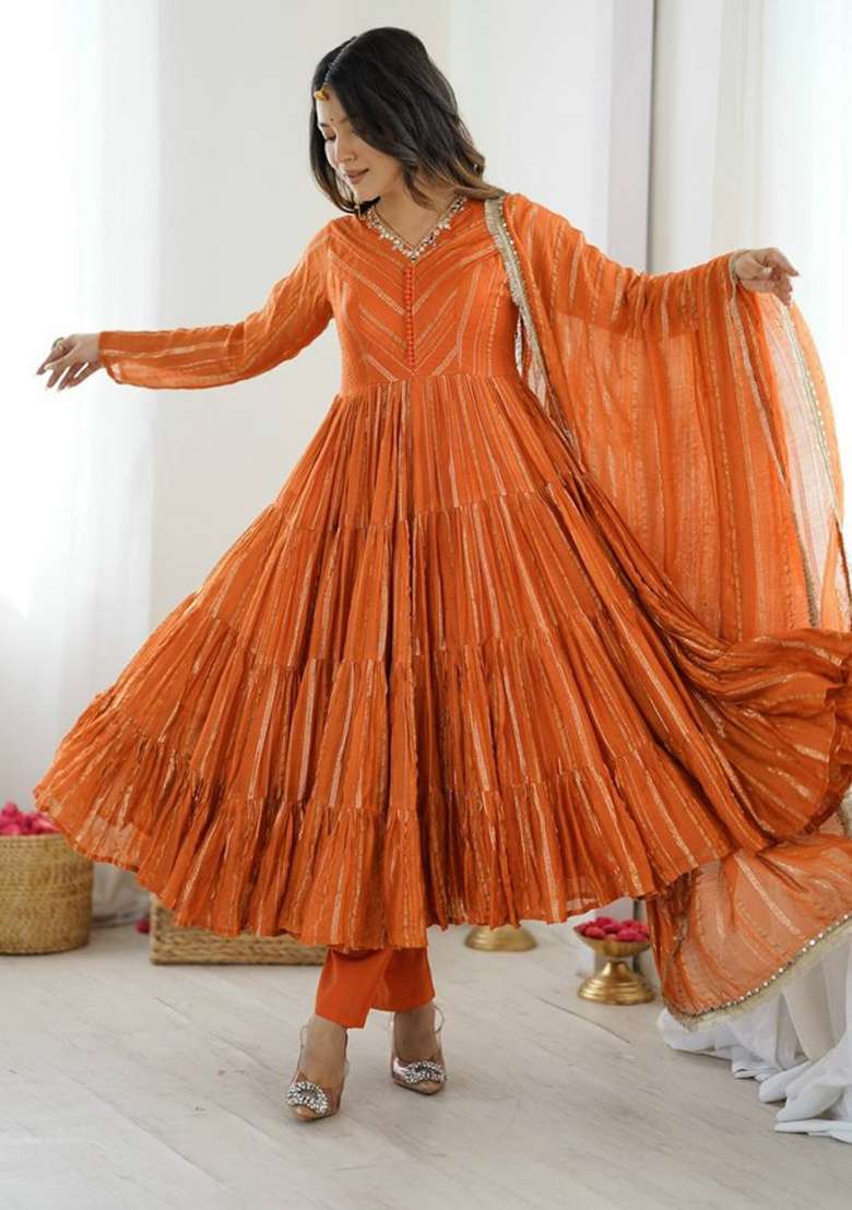 Orange Zari Work Silk Blend Anarkali Set - Indya