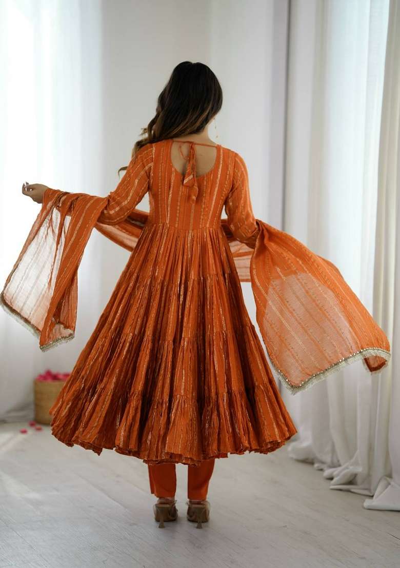 Orange Zari Work Silk Blend Anarkali Set - Indya