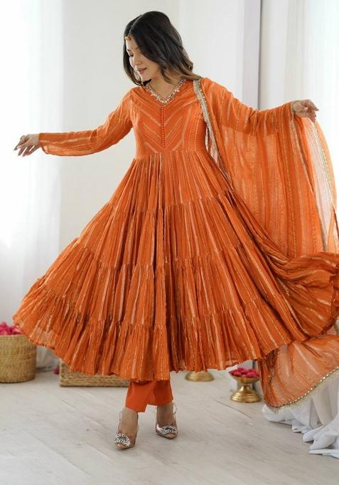 Orange Embroidered Silk Kurta Set