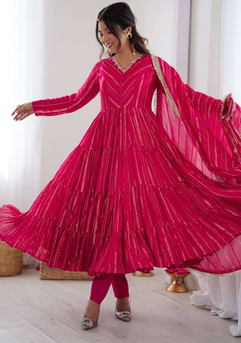 Pink Zari Work Silk Blend Anarkali Set - Indya
