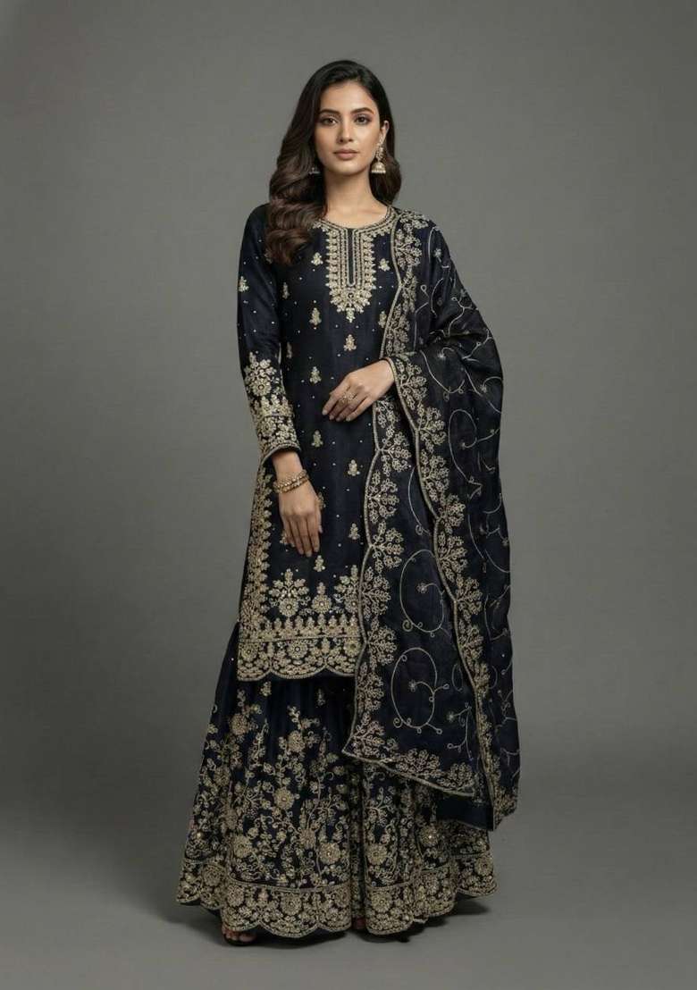 Black Embroidered Silk Sharara Set - Indya