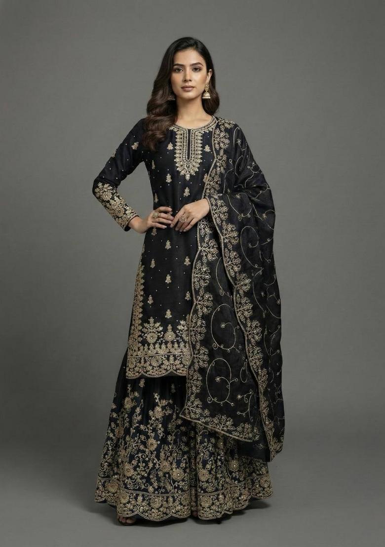 Black Embroidered Silk Kurta Set - Indya