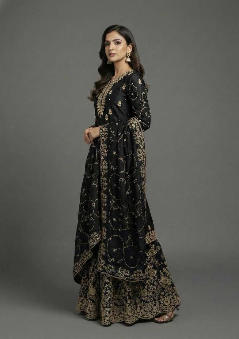 Black Embroidered Silk Sharara Set - Indya