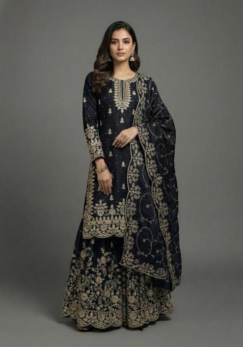 Black Embroidered Silk Kurta Set