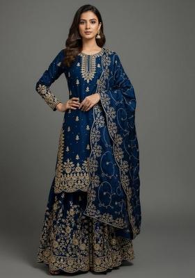 Blue Embroidered Silk Kurta Set