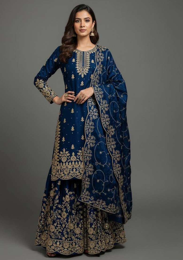 Blue Embroidered Silk Sharara Set - Indya