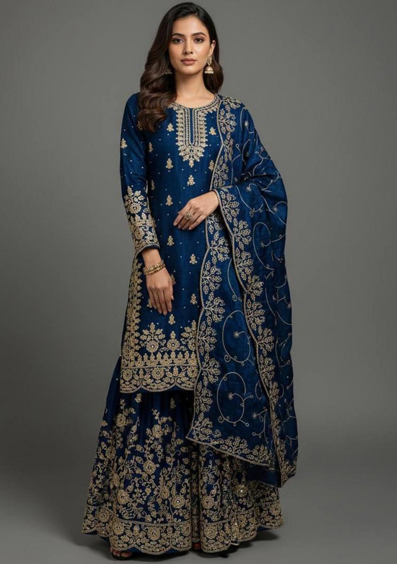 Blue Embroidered Silk Kurta Set - Indya