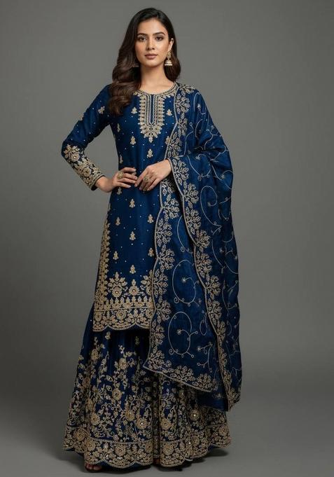 Blue Embroidered Silk Kurta Set
