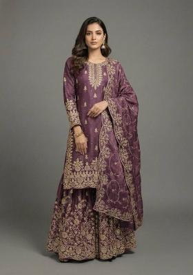 Voilet Embroidered Silk Kurta Set
