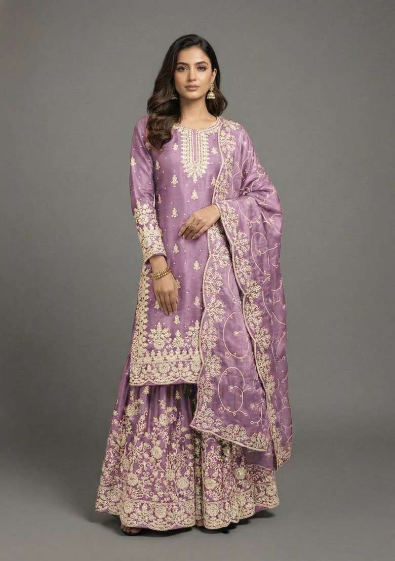 Voilet Embroidered Silk Sharara Set - Indya
