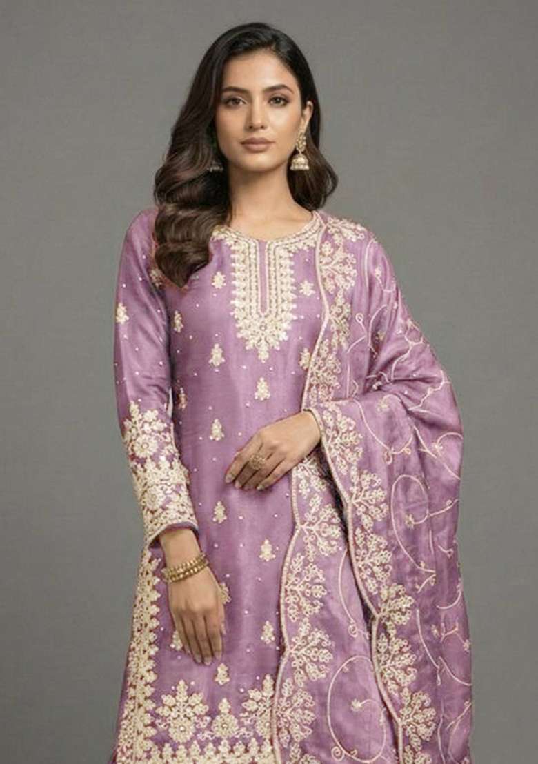 Voilet Embroidered Silk Sharara Set - Indya