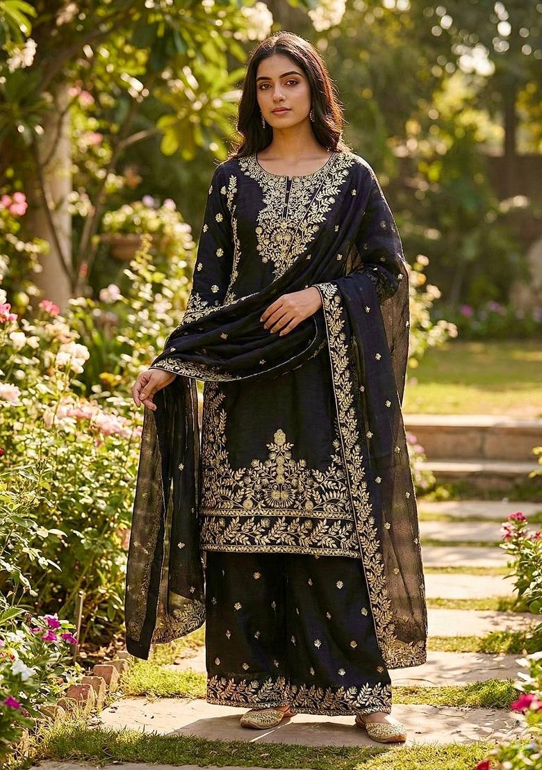 Black Embroidered Silk Kurta Set - Indya