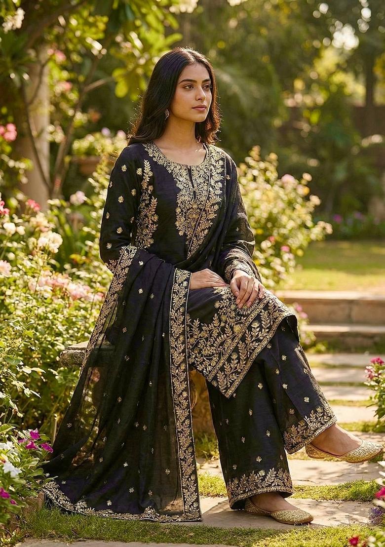 Black Embroidered Silk Kurta Set - Indya