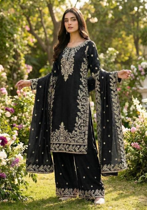 Black Embroidered Silk Kurta Set