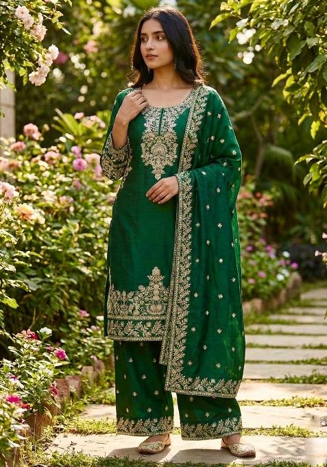 Green Embroidered Silk Kurta Set