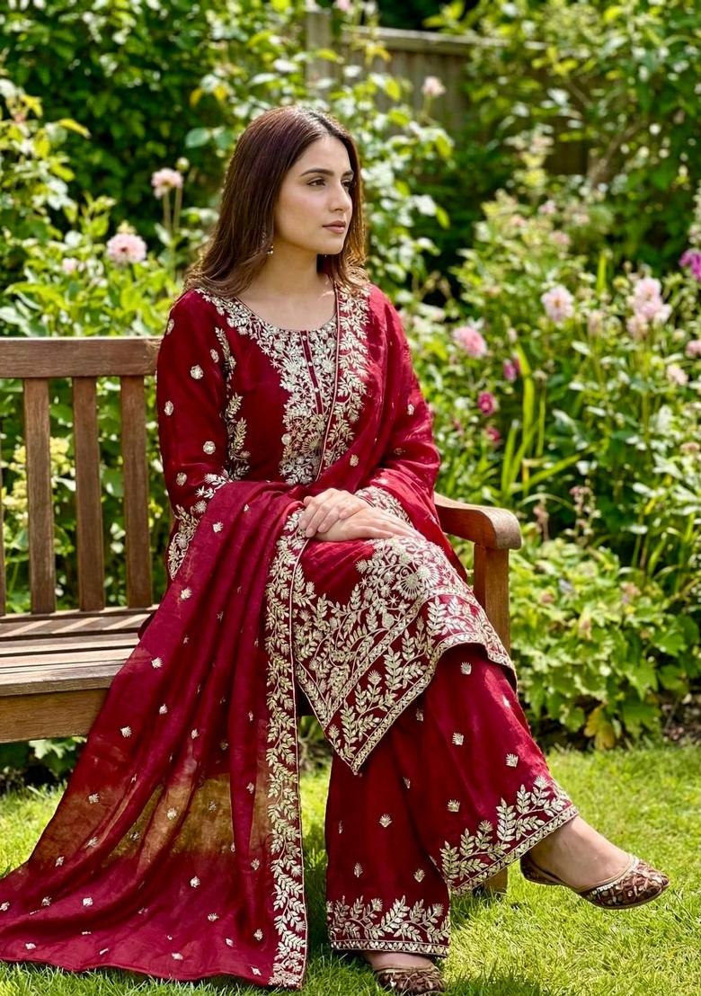 Red Embroidered Silk Kurta Set - Indya