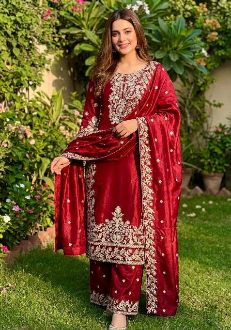 Red Embroidered Silk Kurta Set