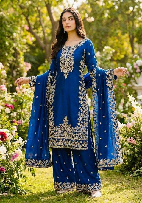 Royal Blue Embroidered Silk Kurta Set